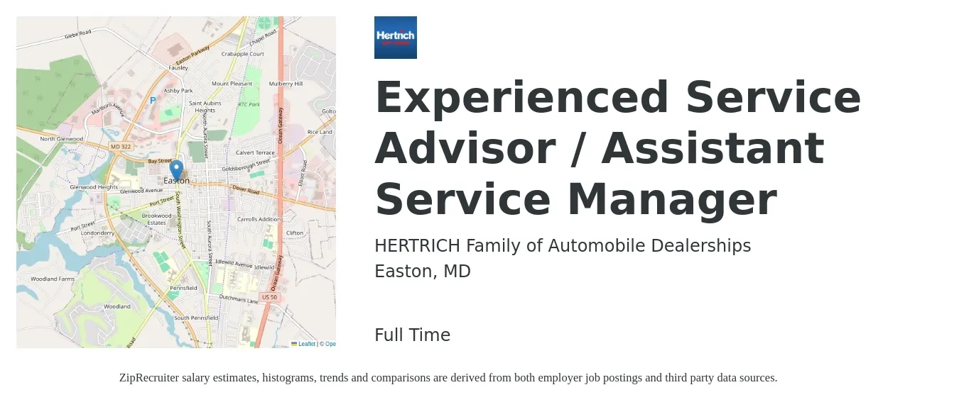 HERTRICH Family of Automobile Dealerships job posting for a Experienced Service Advisor / Assistant Service Manager in Easton, MD with a salary of $20 to $32 Hourly with a map of Easton location.