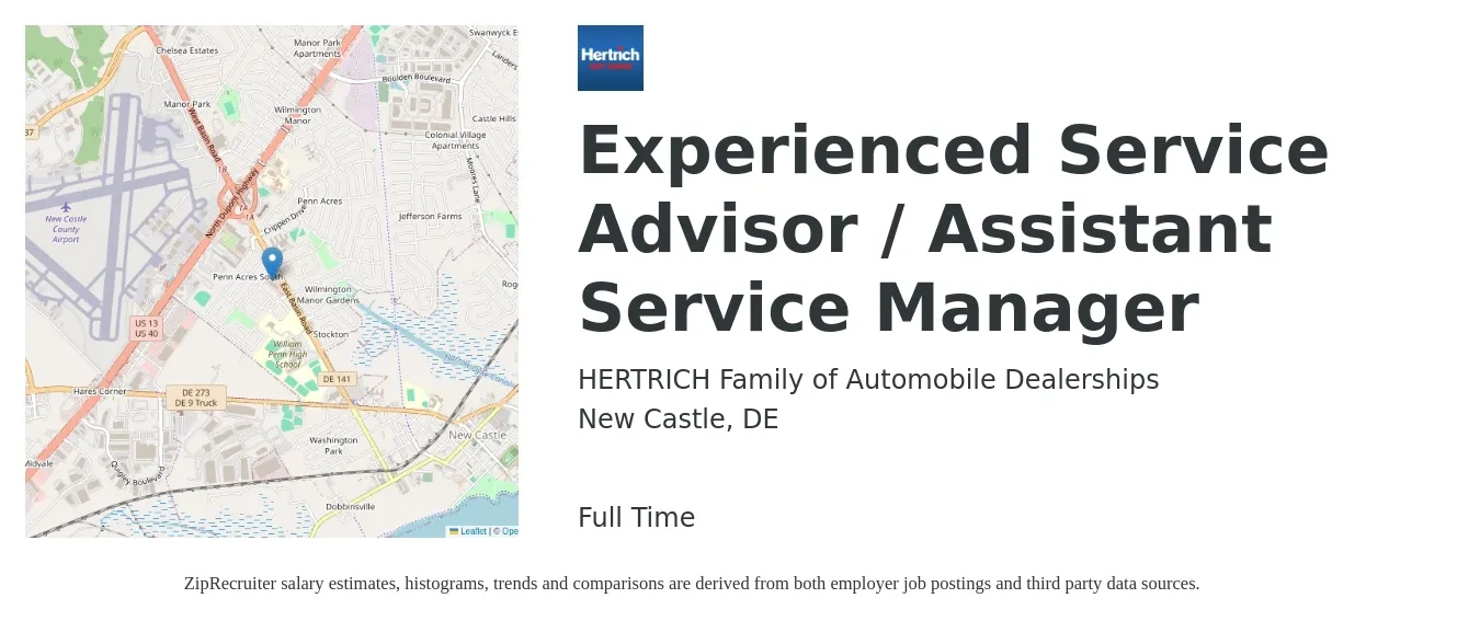 HERTRICH Family of Automobile Dealerships job posting for a Experienced Service Advisor / Assistant Service Manager in New Castle, DE with a salary of $18 to $30 Hourly with a map of New Castle location.