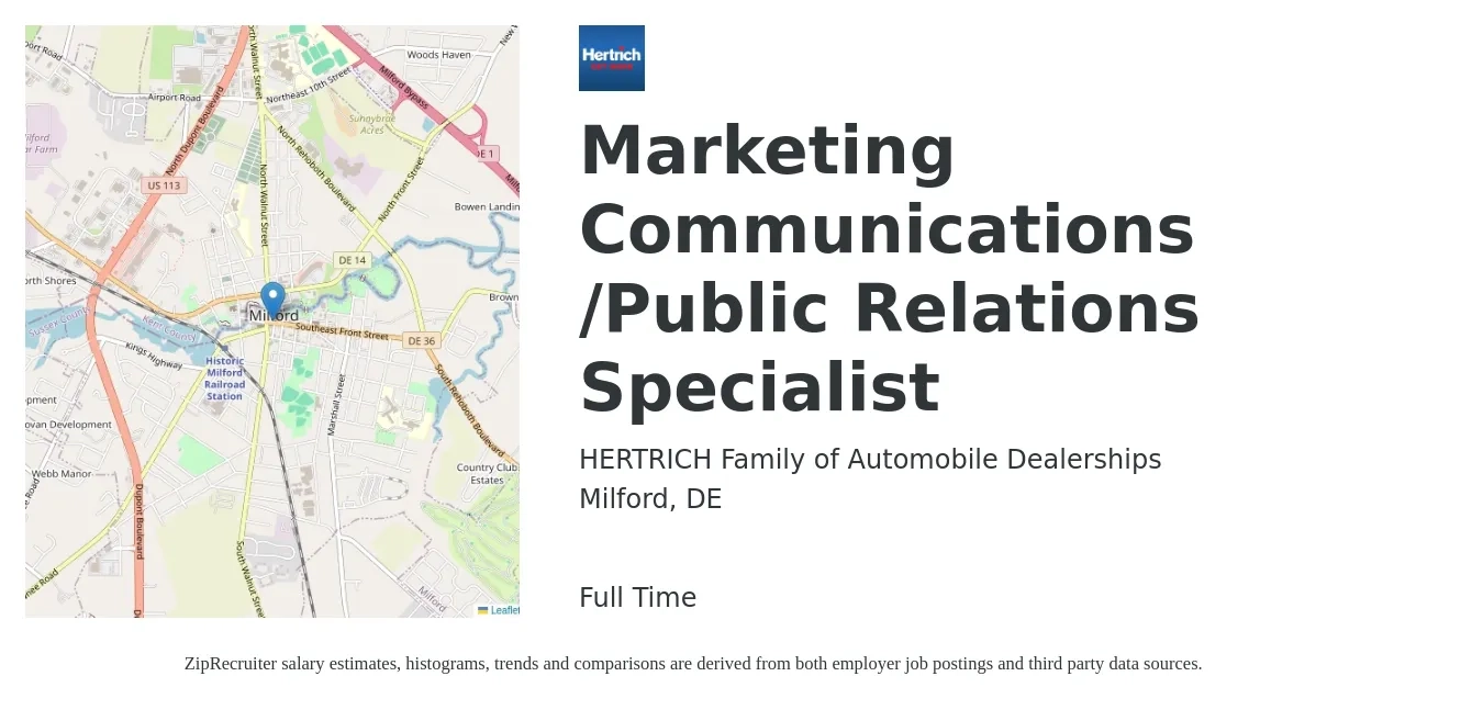 HERTRICH Family of Automobile Dealerships job posting for a Marketing Communications /Public Relations Specialist in Milford, DE with a salary of $50,100 to $71,300 Yearly with a map of Milford location.
