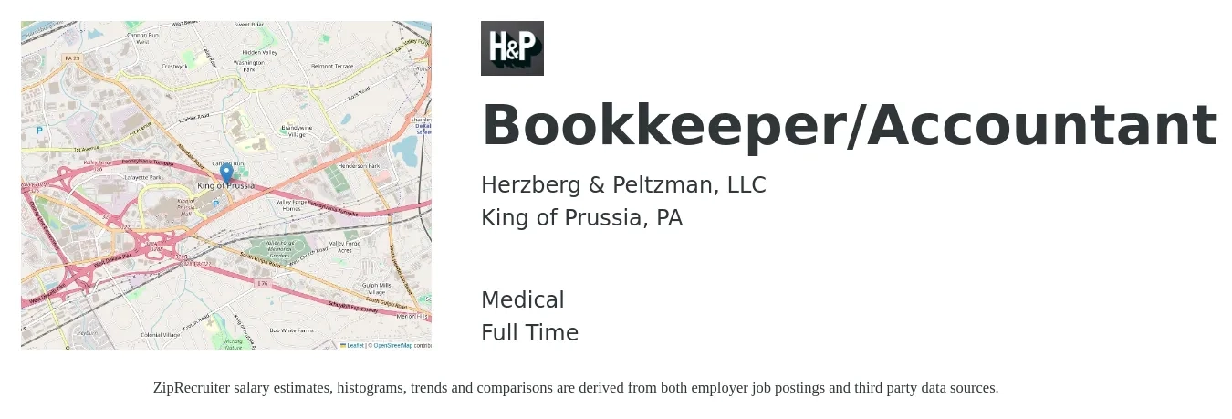 Herzberg & Peltzman, LLC job posting for a Bookkeeper/Accountant in King of Prussia, PA with a salary of $45,300 to $63,200 Yearly and benefits including medical with a map of King of Prussia location.