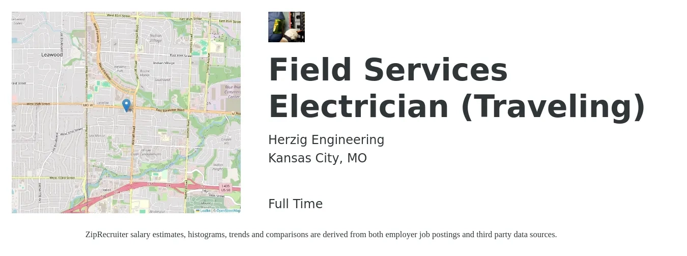 Herzig Engineering job posting for a Field Services Electrician (Traveling) in Kansas City, MO with a salary of $23 to $30 Hourly with a map of Kansas City location.
