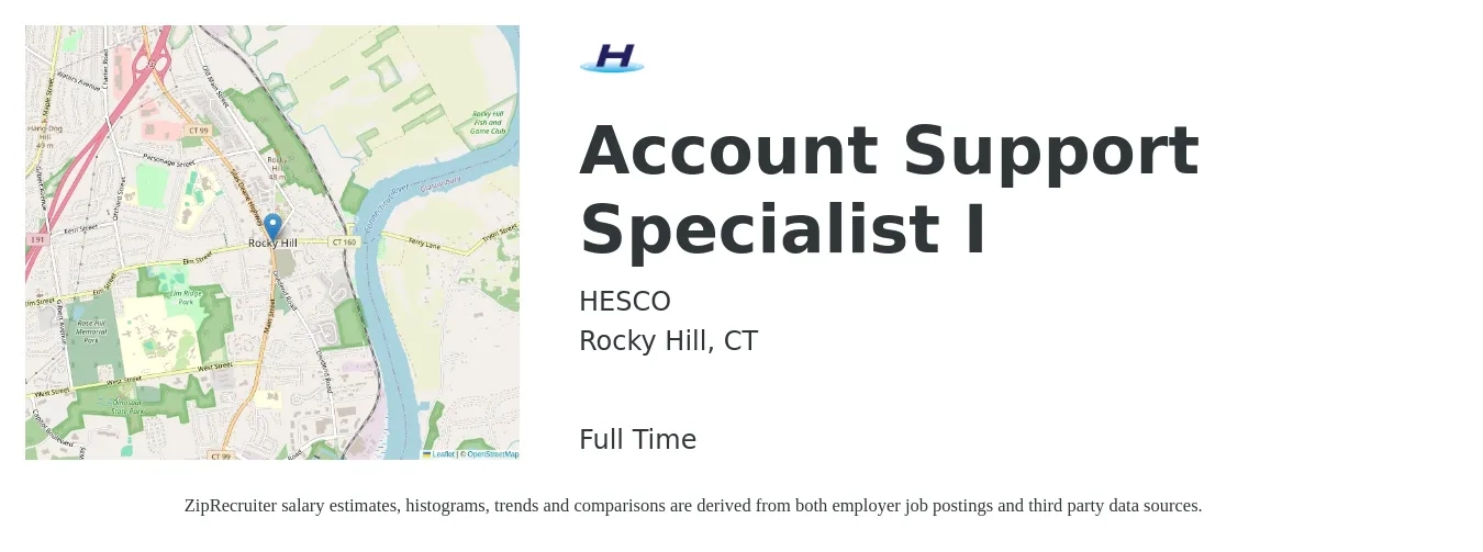 HESCO job posting for a Account Support Specialist I in Rocky Hill, CT with a salary of $19 to $25 Hourly with a map of Rocky Hill location.