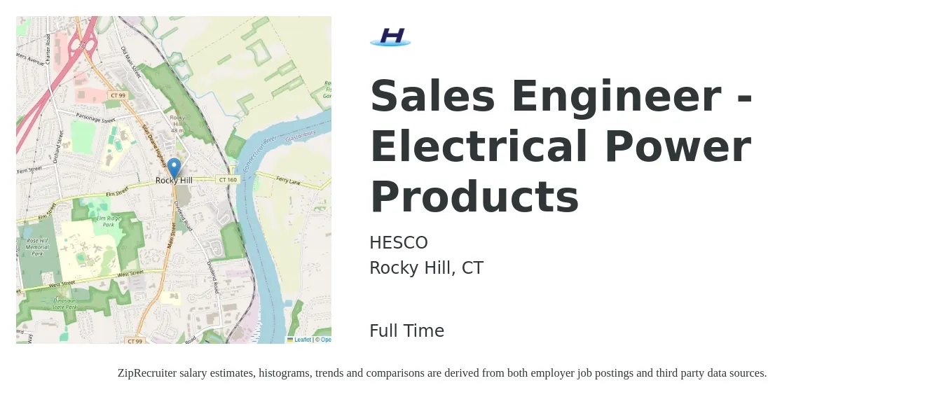 HESCO job posting for a Sales Engineer - Electrical Power Products in Rocky Hill, CT with a salary of $71,500 to $107,200 Yearly with a map of Rocky Hill location.