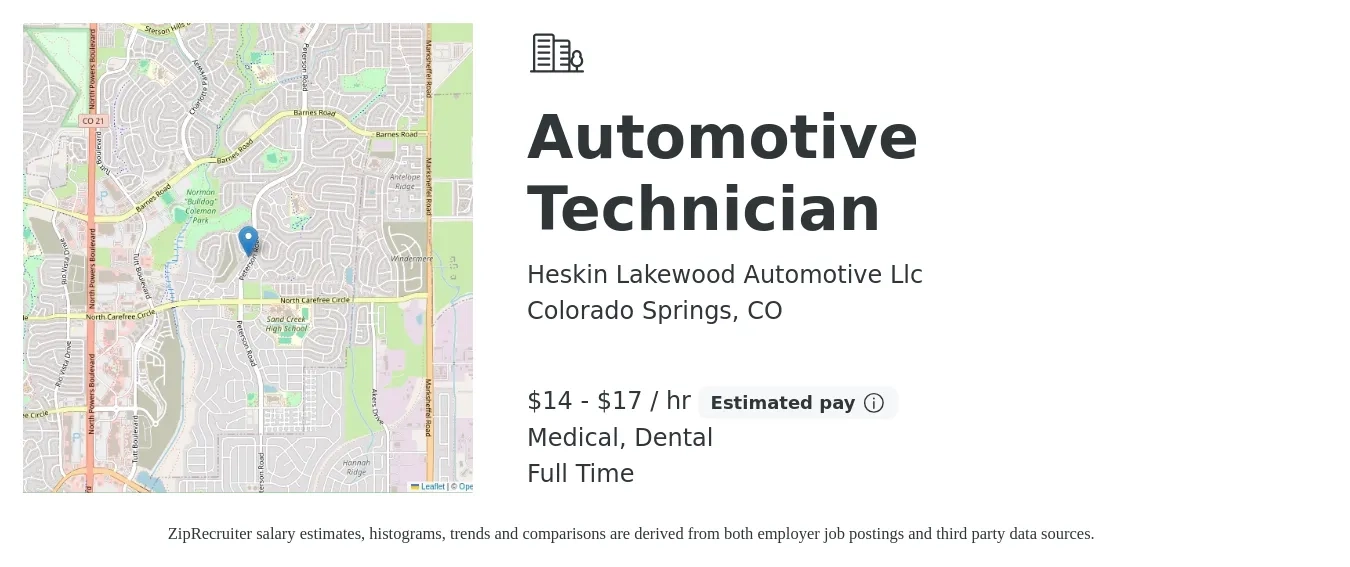 Heskin Lakewood Automotive Llc job posting for a Automotive Technician in Colorado Springs, CO with a salary of $15 to $18 Hourly and benefits including retirement, dental, medical, and pto with a map of Colorado Springs location.