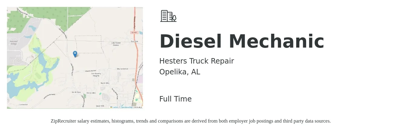 Hesters Truck Repair job posting for a Diesel Mechanic in Opelika, AL with a salary of $300 to $1,500 Weekly with a map of Opelika location.