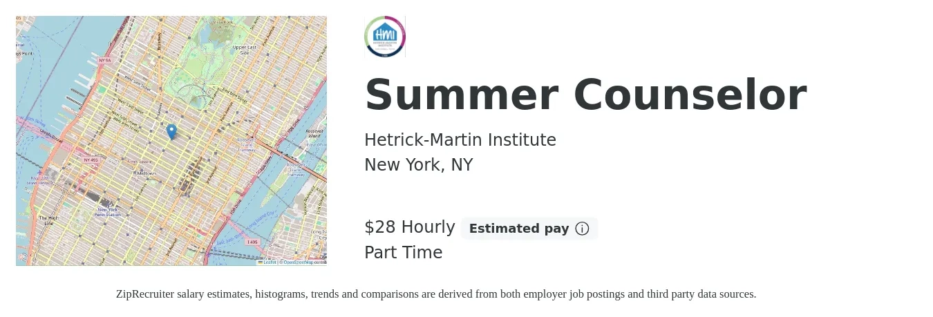 Hetrick-Martin Institute job posting for a Summer Counselor in New York, NY with a salary of $24 to $33 Hourly with a map of New York location.