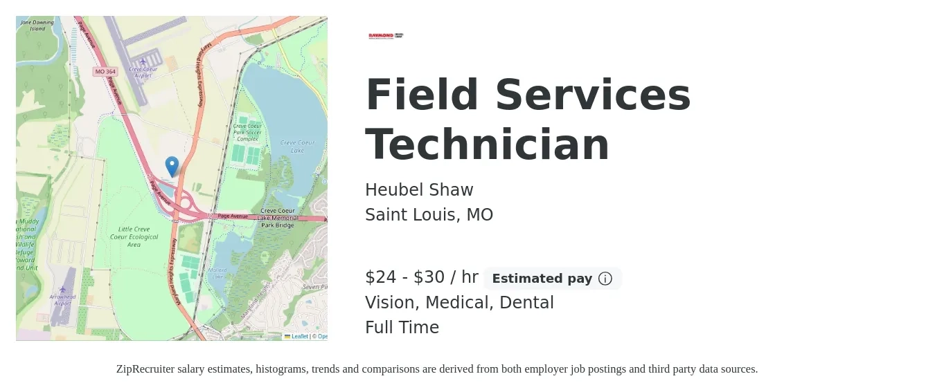 Heubel Shaw job posting for a Field Services Technician in Saint Louis, MO with a salary of $25 to $32 Hourly and benefits including dental, life_insurance, medical, pto, retirement, and vision with a map of Saint Louis location.