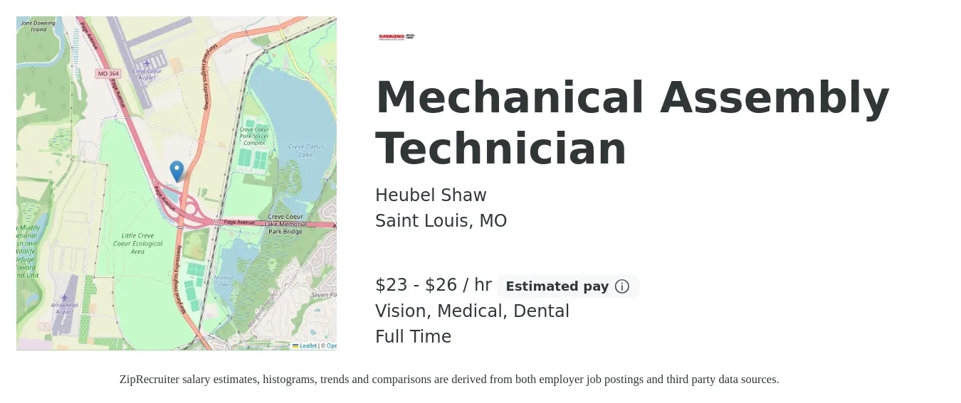 Heubel Shaw job posting for a Mechanical Assembly Technician in Saint Louis, MO with a salary of $24 to $28 Hourly and benefits including dental, life_insurance, medical, pto, retirement, and vision with a map of Saint Louis location.