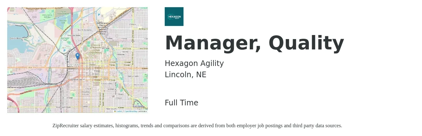 Hexagon Agility job posting for a Manager, Quality in Lincoln, NE with a salary of $61,800 to $96,400 Yearly with a map of Lincoln location.