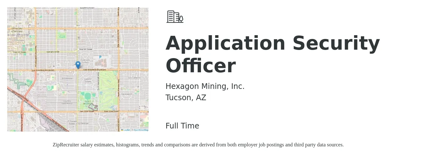 Hexagon Mining, Inc. job posting for a Application Security Officer in Tucson, AZ with a salary of $15 to $18 Hourly with a map of Tucson location.
