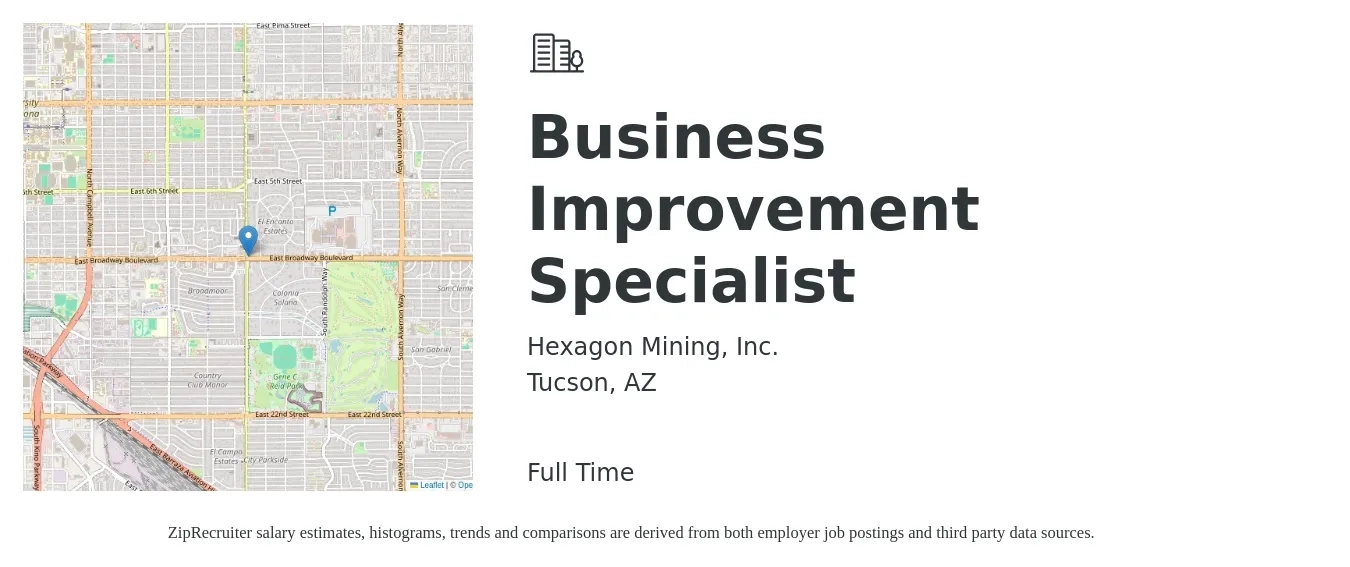 Hexagon Mining, Inc. job posting for a Business Improvement Specialist in Tucson, AZ with a salary of $66,900 to $95,600 Yearly with a map of Tucson location.