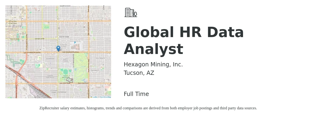 Hexagon Mining, Inc. job posting for a Global HR Data Analyst in Tucson, AZ with a salary of $56,200 to $88,200 Yearly with a map of Tucson location.