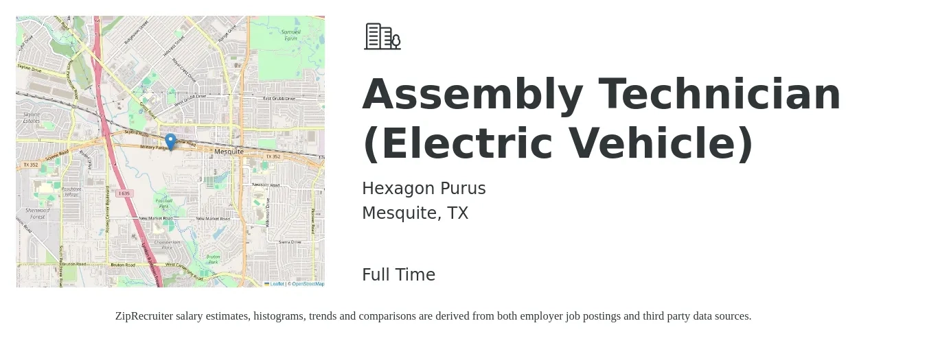 Hexagon Purus job posting for a Assembly Technician (Electric Vehicle) in Mesquite, TX with a salary of $17 to $21 Hourly with a map of Mesquite location.