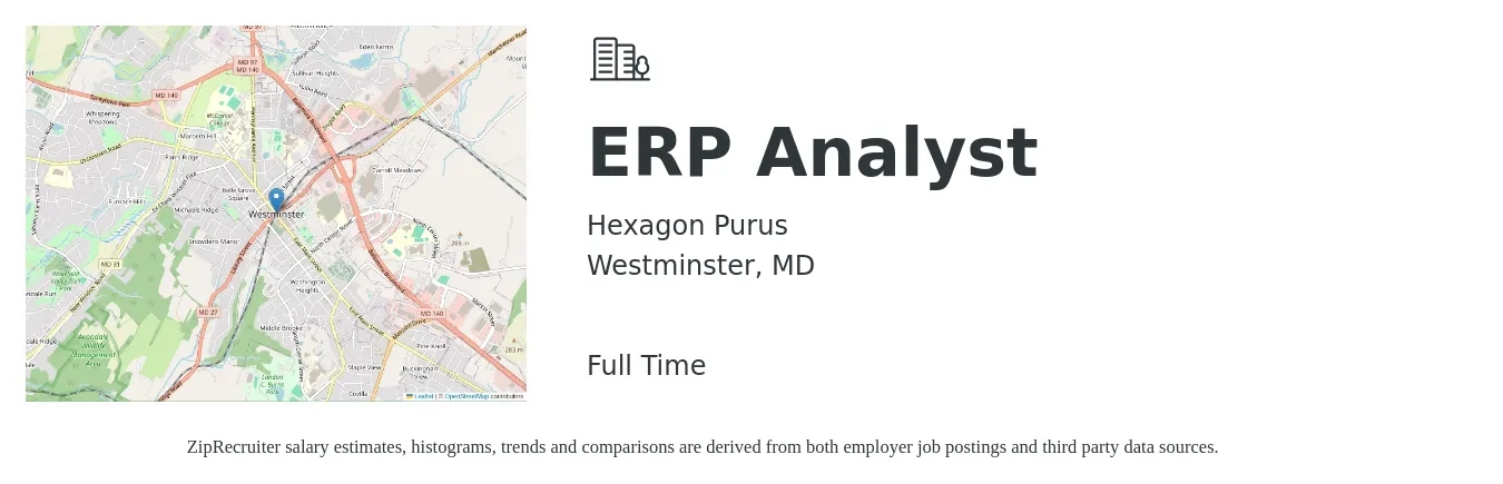 Hexagon Purus job posting for a ERP Analyst in Westminster, MD with a salary of $36 to $74 Hourly with a map of Westminster location.