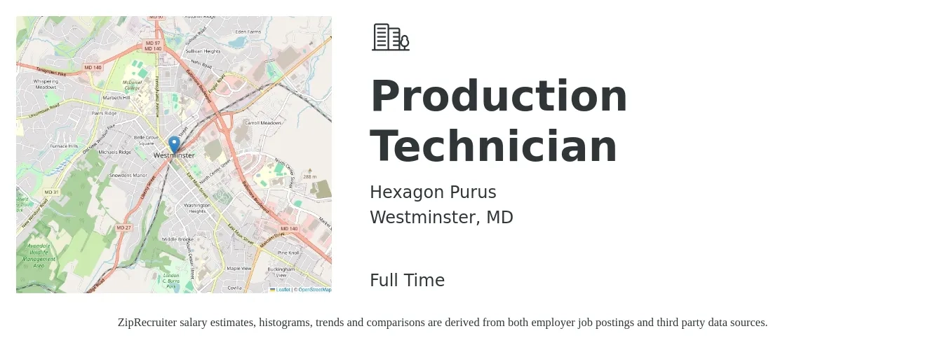 Hexagon Purus job posting for a Production Technician in Westminster, MD with a salary of $16 to $21 Hourly with a map of Westminster location.