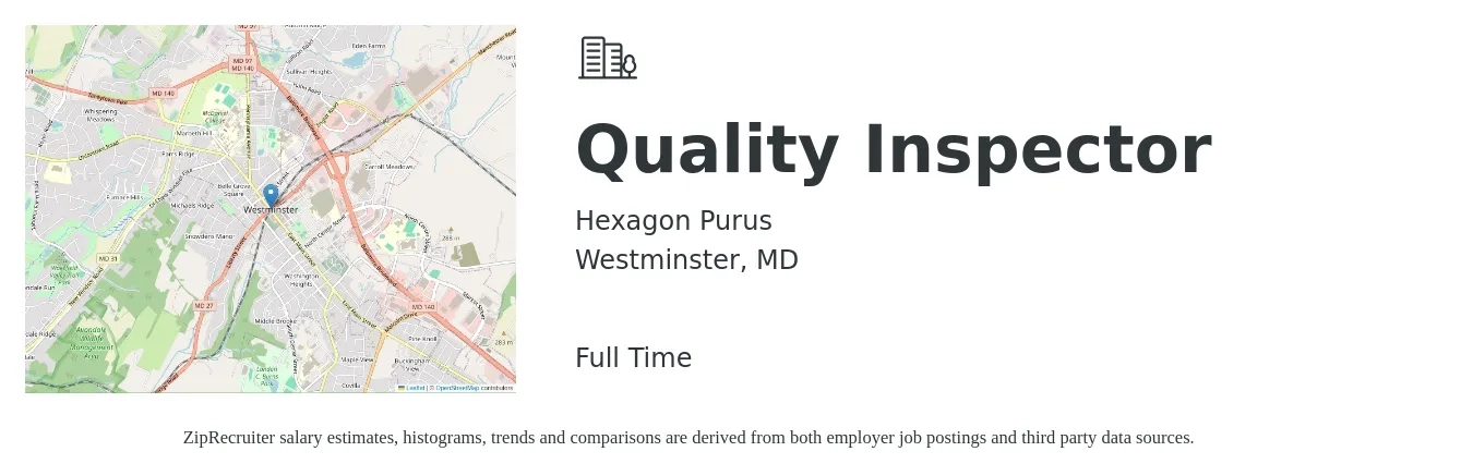 Hexagon Purus job posting for a Quality Inspector in Westminster, MD with a salary of $16 to $23 Hourly with a map of Westminster location.