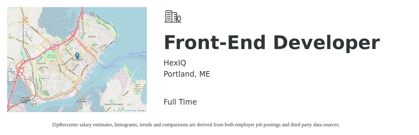 HexIQ job posting for a Front-End Developer in Portland, ME with a salary of $105,300 to $122,500 Yearly with a map of Portland location.
