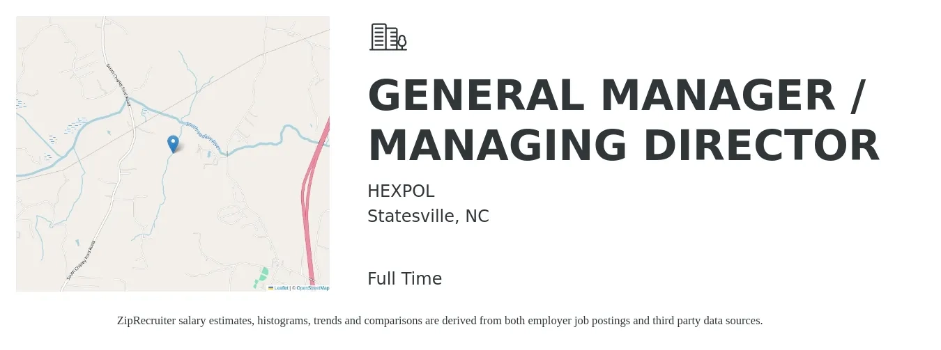 HEXPOL job posting for a GENERAL MANAGER / MANAGING DIRECTOR in Statesville, NC with a salary of $64,300 to $116,500 Yearly with a map of Statesville location.