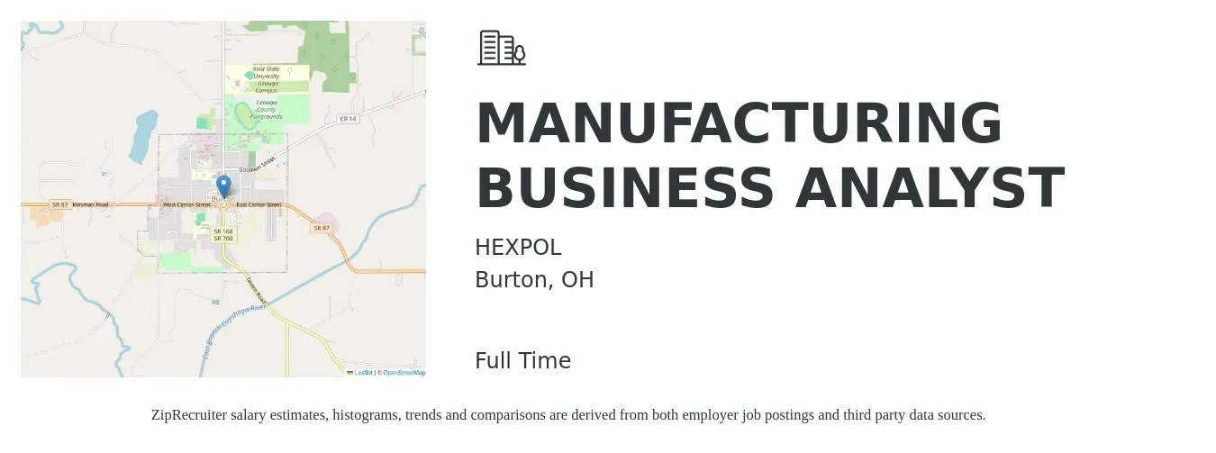 HEXPOL job posting for a MANUFACTURING BUSINESS ANALYST in Burton, OH with a salary of $85,800 to $102,300 Yearly with a map of Burton location.