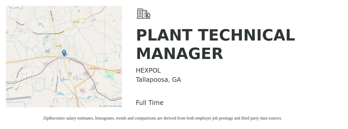 HEXPOL job posting for a PLANT TECHNICAL MANAGER in Tallapoosa, GA with a salary of $105,400 to $163,800 Yearly with a map of Tallapoosa location.