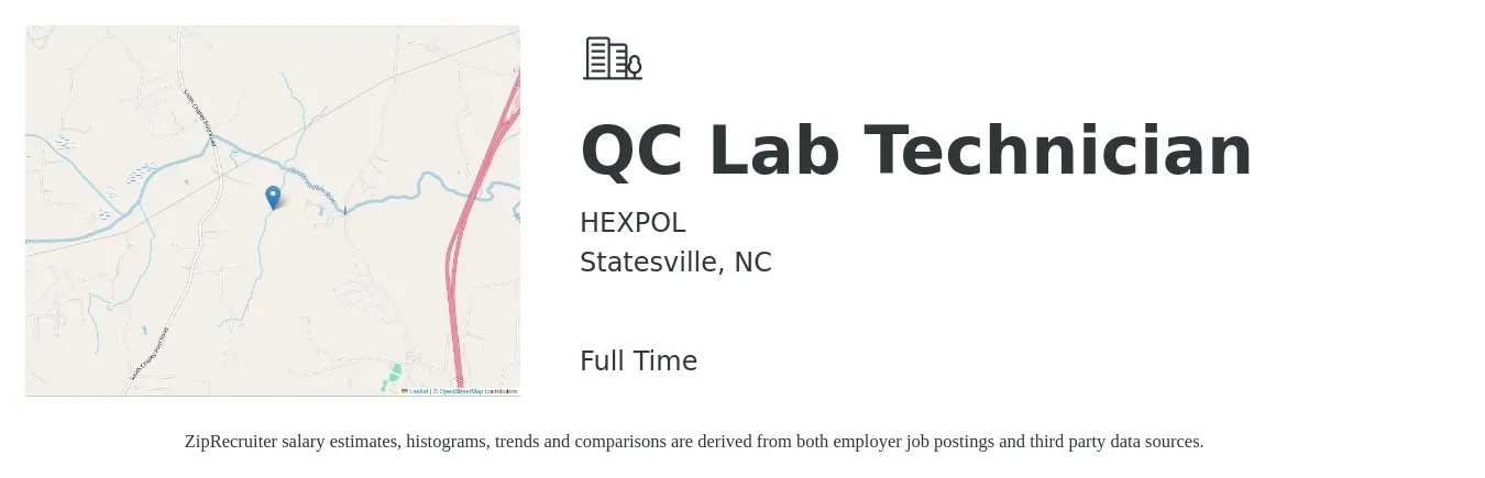 HEXPOL job posting for a QC Lab Technician in Statesville, NC with a salary of $18 to $22 Hourly with a map of Statesville location.