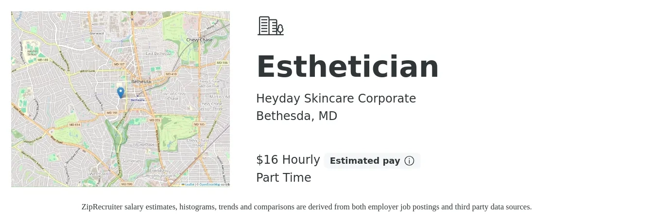 Heyday Skincare Corporate job posting for a Esthetician in Bethesda, MD with a salary of $18 Hourly with a map of Bethesda location.