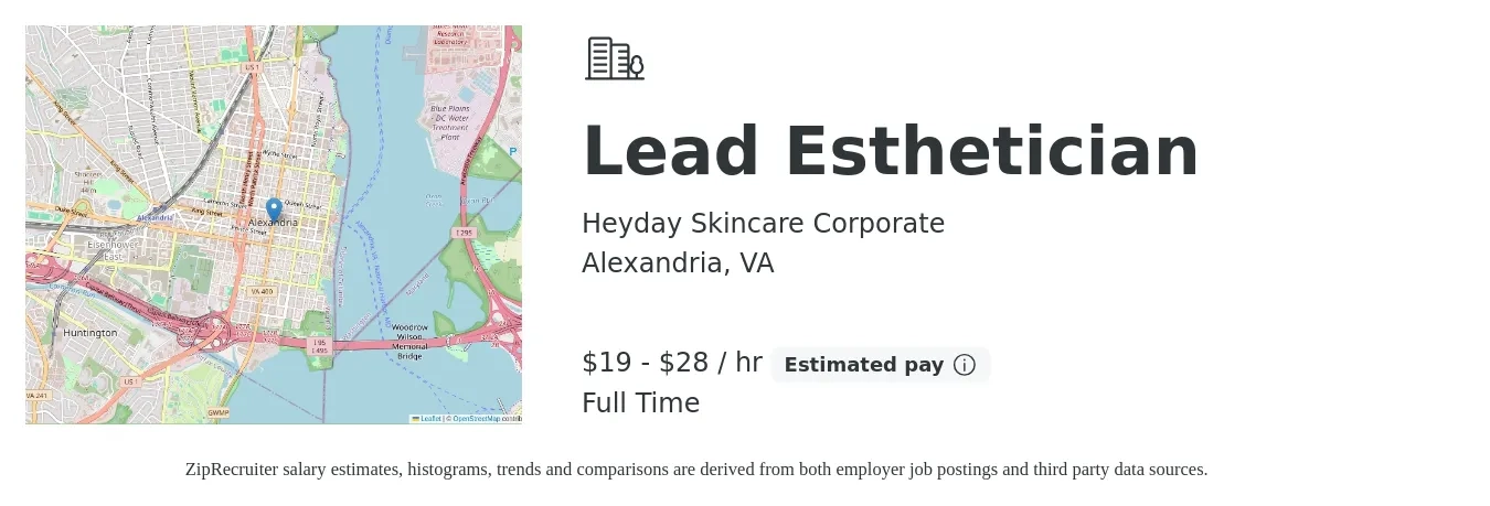 Heyday Skincare Corporate job posting for a Lead Esthetician in Alexandria, VA with a salary of $20 to $35 Hourly with a map of Alexandria location.