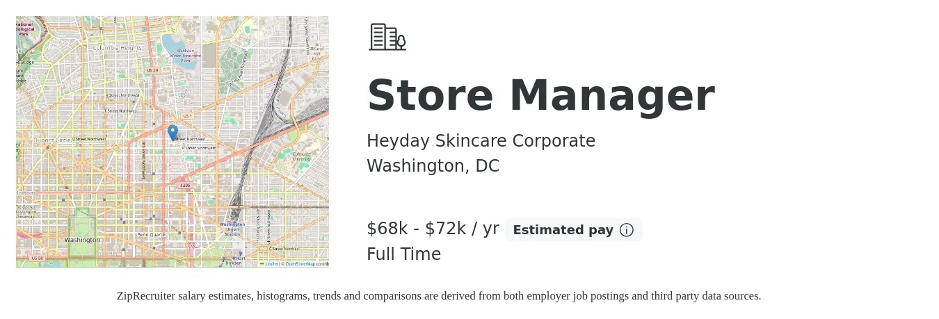 Heyday Skincare Corporate job posting for a Store Manager in Washington, DC with a salary of $65,000 to $72,000 Yearly with a map of Washington location.