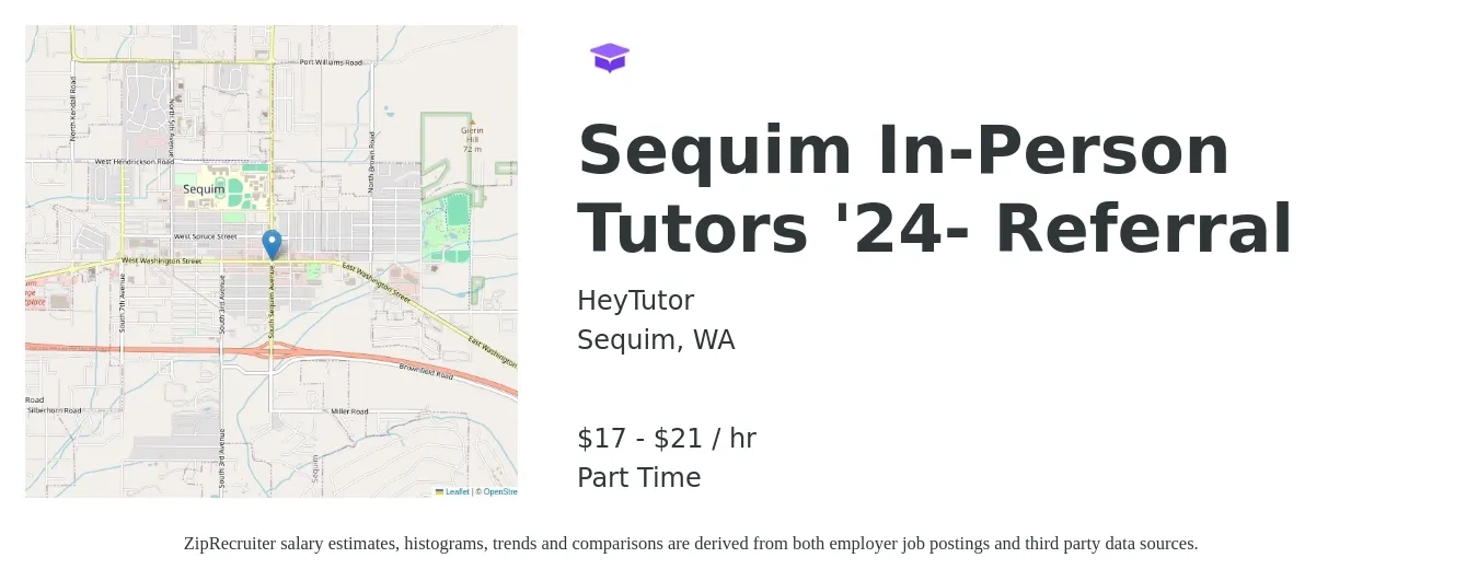 HeyTutor job posting for a Sequim In-Person Tutors '24- Referral in Sequim, WA with a salary of $19 to $24 Hourly with a map of Sequim location.