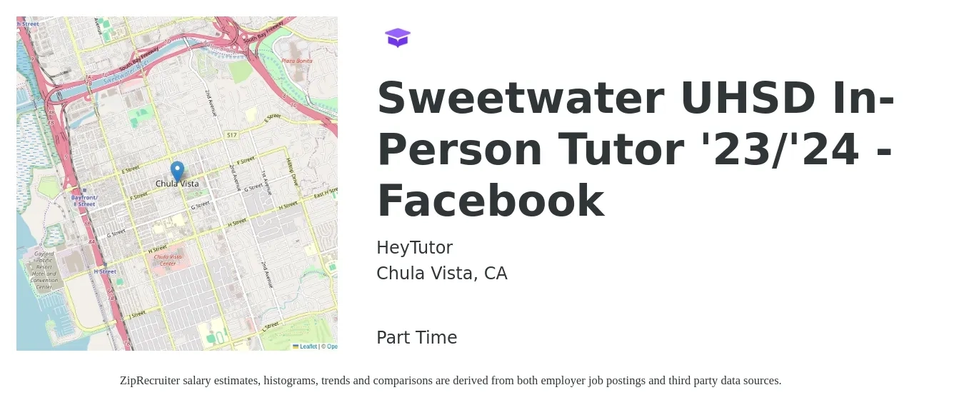 HeyTutor job posting for a Sweetwater UHSD In-Person Tutor '23/'24 - Facebook in Chula Vista, CA with a salary of $22 to $26 Hourly with a map of Chula Vista location.