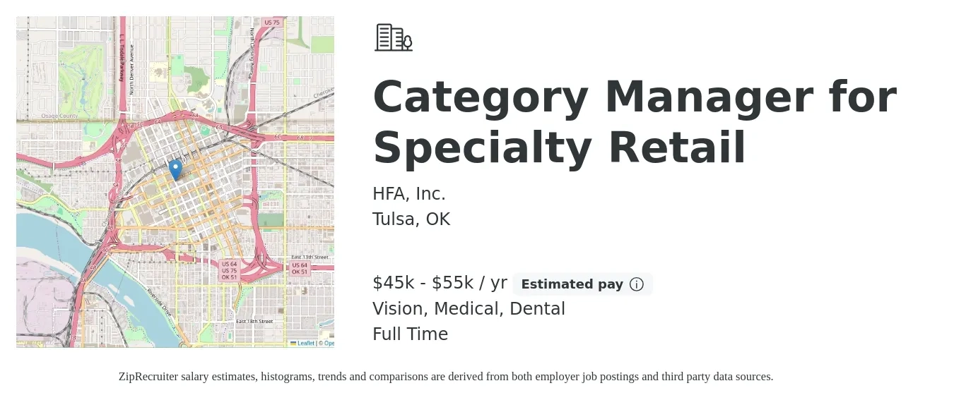 HFA, Inc. job posting for a Category Manager for Specialty Retail in Tulsa, OK with a salary of $45,000 to $55,000 Yearly and benefits including dental, life_insurance, medical, retirement, and vision with a map of Tulsa location.