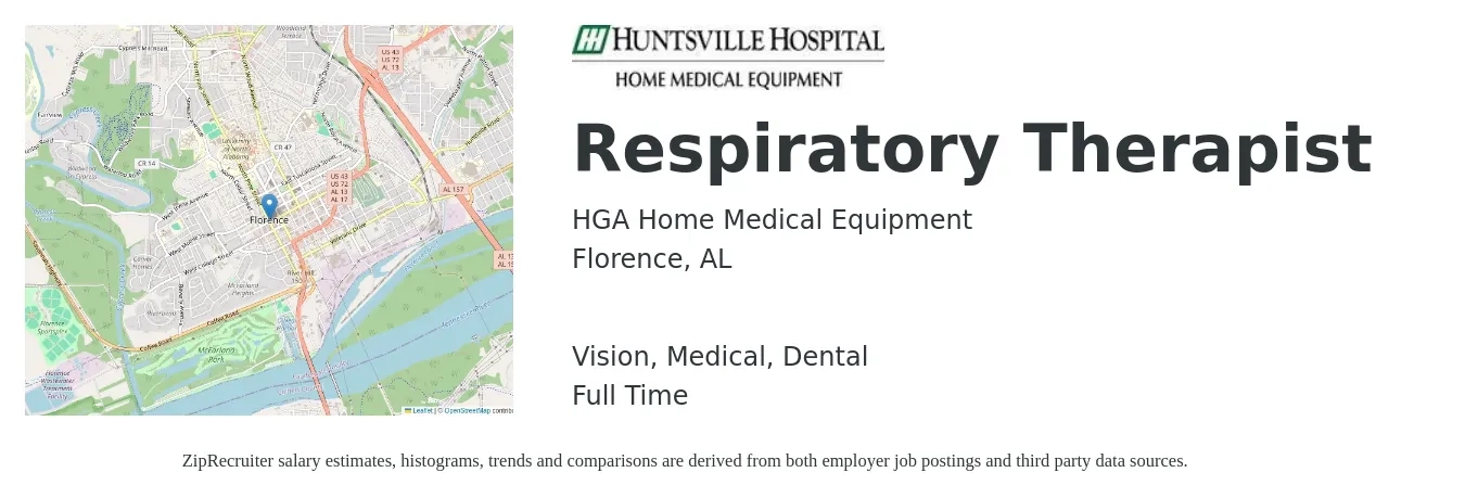 HGA Home Medical Equipment job posting for a Respiratory Therapist in Florence, AL with a salary of $28 to $50 Hourly and benefits including vision, dental, life_insurance, medical, and retirement with a map of Florence location.