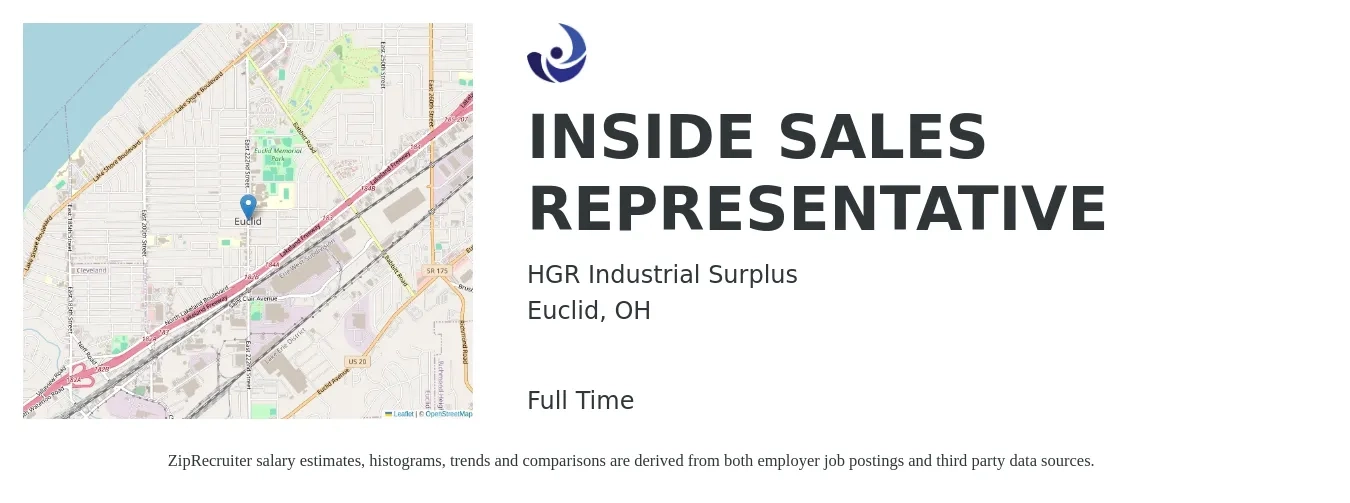 HGR Industrial Surplus job posting for a INSIDE SALES REPRESENTATIVE in Euclid, OH with a salary of $38,700 to $57,800 Yearly with a map of Euclid location.