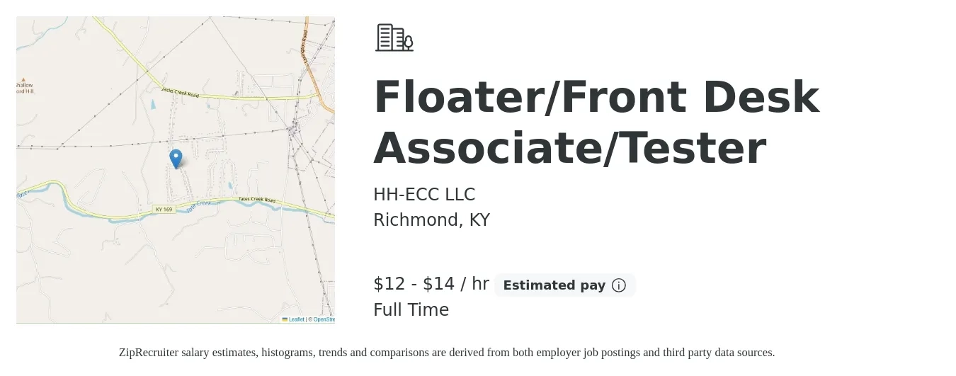 HH-ECC LLC job posting for a Floater/Front Desk Associate/Tester in Richmond, KY with a salary of $13 to $15 Hourly with a map of Richmond location.
