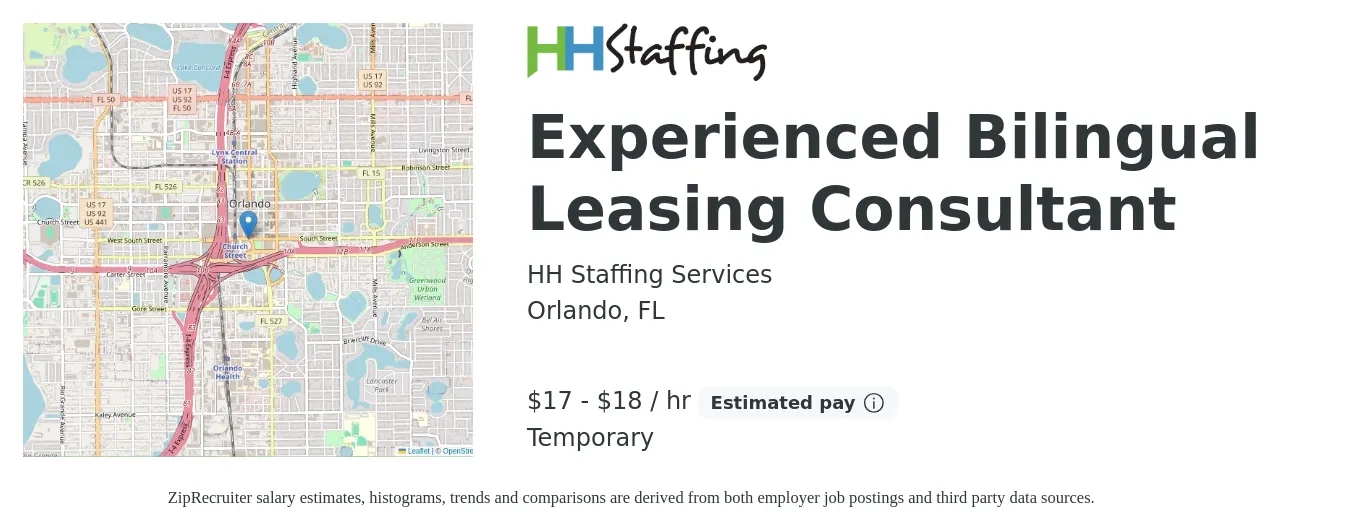 HH Staffing Services job posting for a Experienced Bilingual Leasing Consultant in Orlando, FL with a salary of $18 to $19 Hourly with a map of Orlando location.