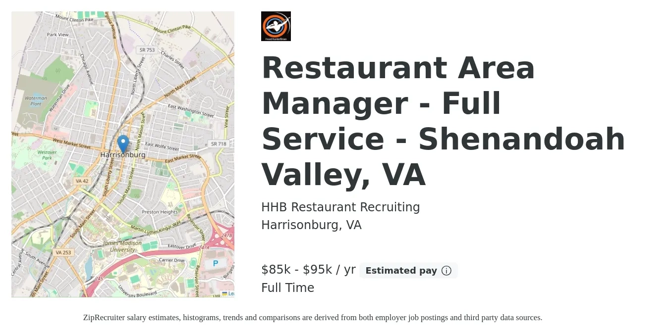 HHB Restaurant Recruiting job posting for a Restaurant Area Manager - Full Service - Shenandoah Valley, VA in Harrisonburg, VA with a salary of $85,000 to $95,000 Yearly with a map of Harrisonburg location.
