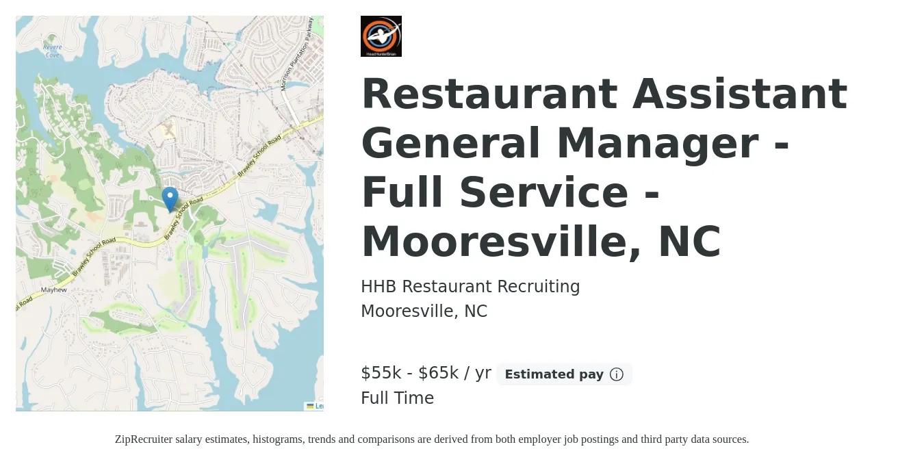 HHB Restaurant Recruiting job posting for a Restaurant Assistant General Manager - Full Service - Mooresville, NC in Mooresville, NC with a salary of $55,000 to $65,000 Yearly with a map of Mooresville location.