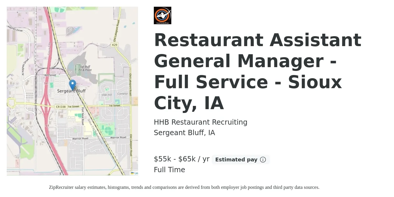 HHB Restaurant Recruiting job posting for a Restaurant Assistant General Manager - Full Service - Sioux City, IA in Sergeant Bluff, IA with a salary of $55,000 to $65,000 Yearly with a map of Sergeant Bluff location.