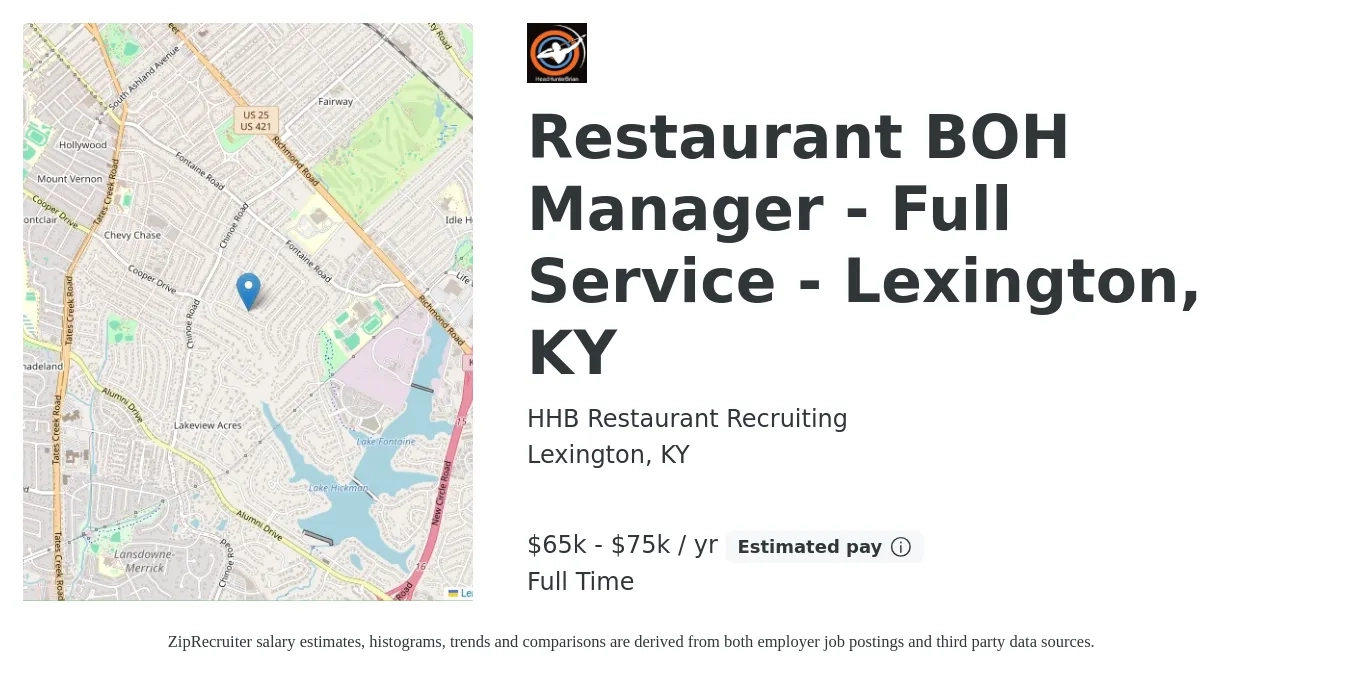 HHB Restaurant Recruiting job posting for a Restaurant BOH Manager - Full Service - Lexington, KY in Lexington, KY with a salary of $65,000 to $75,000 Yearly with a map of Lexington location.