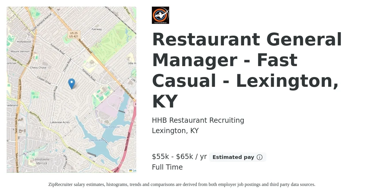 HHB Restaurant Recruiting job posting for a Restaurant General Manager - Fast Casual - Lexington, KY in Lexington, KY with a salary of $55,000 to $65,000 Yearly with a map of Lexington location.