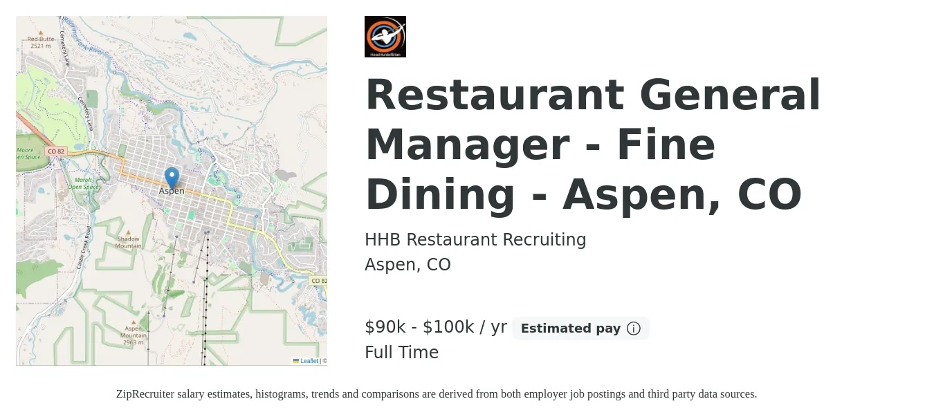HHB Restaurant Recruiting job posting for a Restaurant General Manager - Fine Dining - Aspen, CO in Aspen, CO with a salary of $90,000 to $100,000 Yearly with a map of Aspen location.