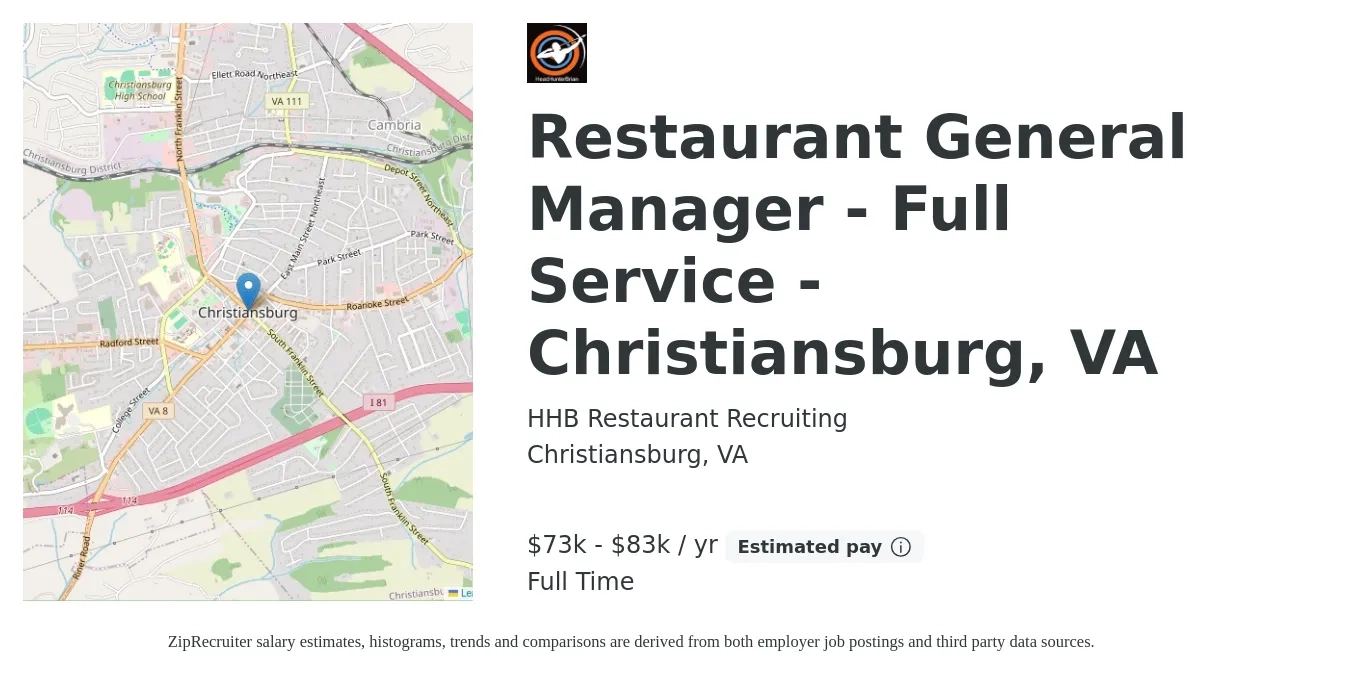 HHB Restaurant Recruiting job posting for a Restaurant General Manager - Full Service - Christiansburg, VA in Christiansburg, VA with a salary of $73,000 to $83,000 Yearly with a map of Christiansburg location.