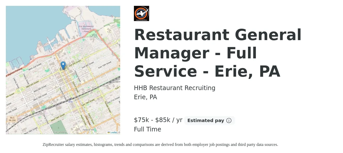 HHB Restaurant Recruiting job posting for a Restaurant General Manager - Full Service - Erie, PA in Erie, PA with a salary of $75,000 to $85,000 Yearly with a map of Erie location.