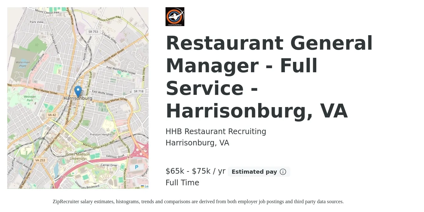 HHB Restaurant Recruiting job posting for a Restaurant General Manager - Full Service - Harrisonburg, VA in Harrisonburg, VA with a salary of $65,000 to $75,000 Yearly with a map of Harrisonburg location.