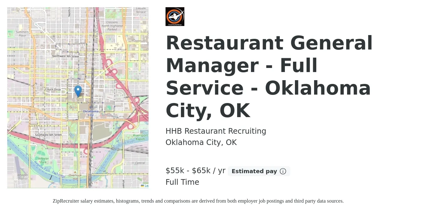 HHB Restaurant Recruiting job posting for a Restaurant General Manager - Full Service - Oklahoma City, OK in Oklahoma City, OK with a salary of $55,000 to $65,000 Yearly with a map of Oklahoma City location.