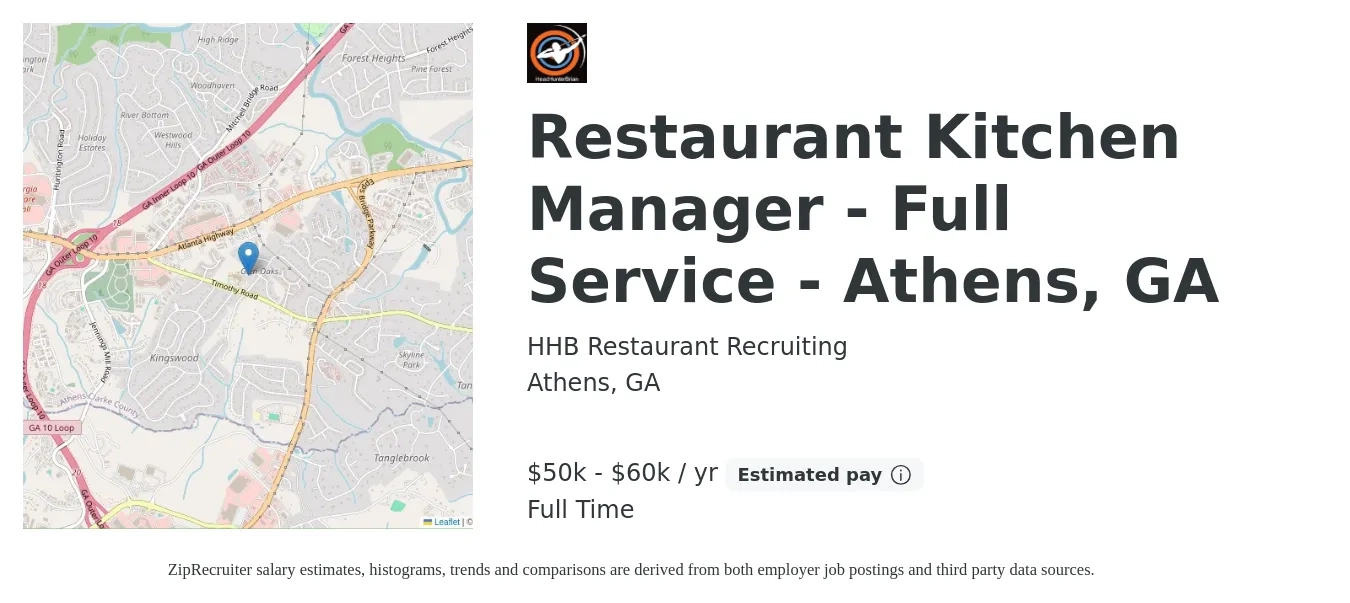 HHB Restaurant Recruiting job posting for a Restaurant Kitchen Manager - Full Service - Athens, GA in Athens, GA with a salary of $50,000 to $60,000 Yearly with a map of Athens location.