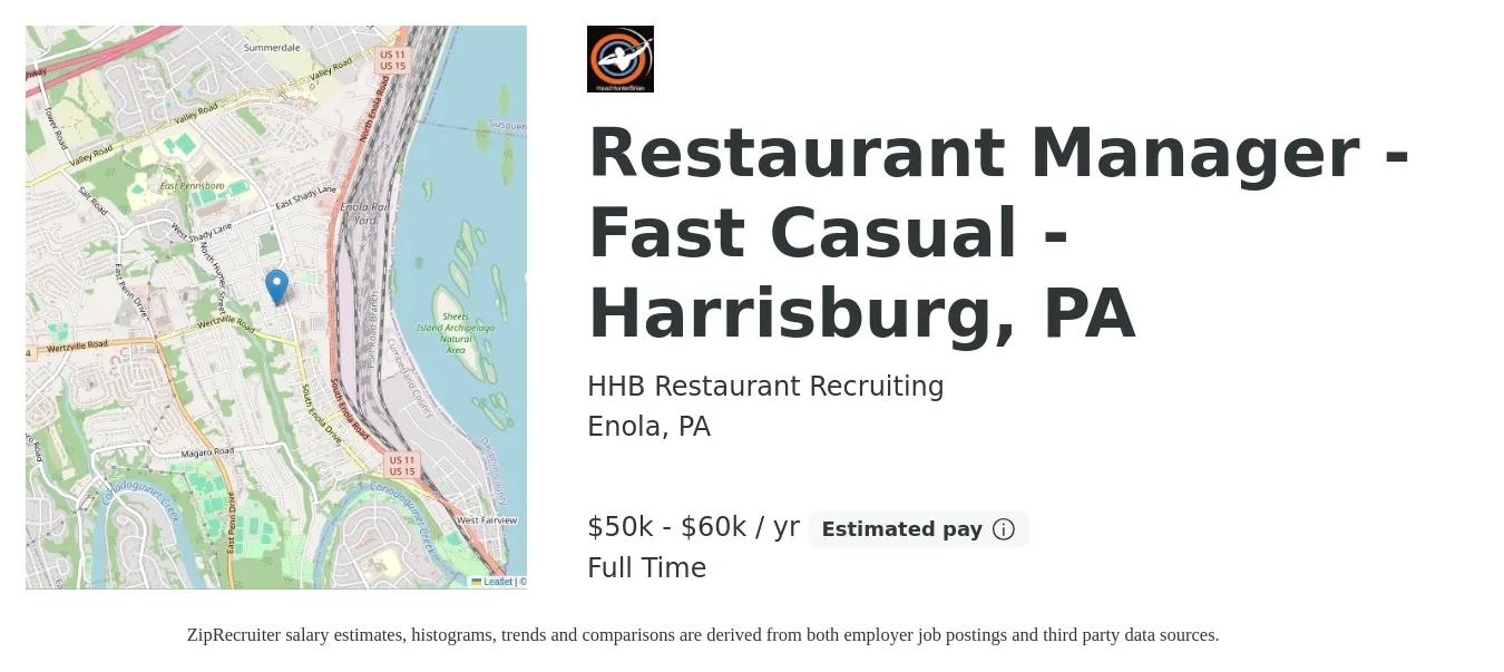 HHB Restaurant Recruiting job posting for a Restaurant Manager - Fast Casual - Harrisburg, PA in Enola, PA with a salary of $50,000 to $60,000 Yearly with a map of Enola location.