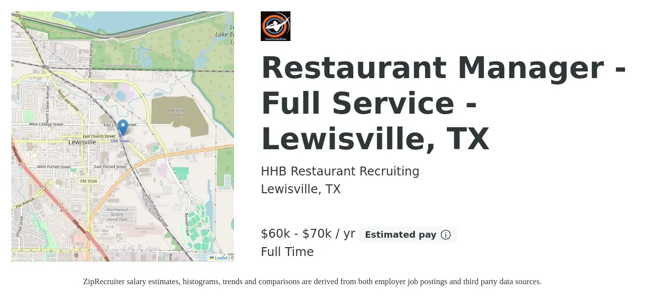 HHB Restaurant Recruiting job posting for a Restaurant Manager - Full Service - Lewisville, TX in Lewisville, TX with a salary of $60,000 to $70,000 Yearly with a map of Lewisville location.