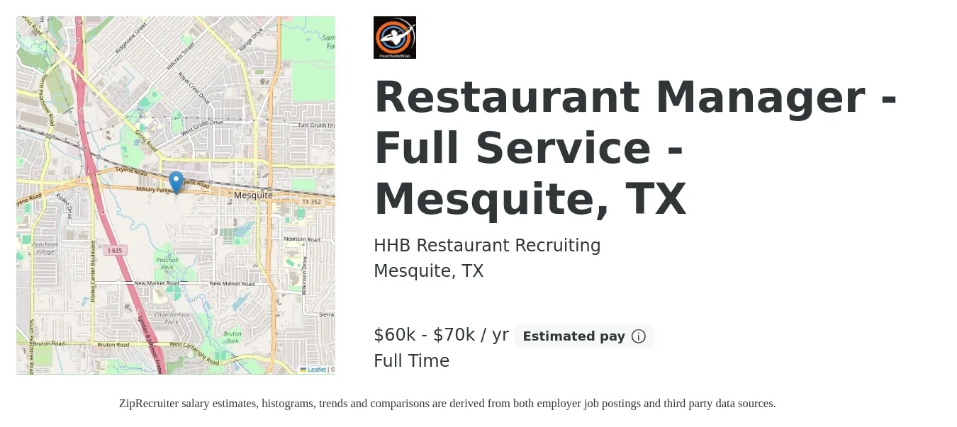 HHB Restaurant Recruiting job posting for a Restaurant Manager - Full Service - Mesquite, TX in Mesquite, TX with a salary of $60,000 to $70,000 Yearly with a map of Mesquite location.