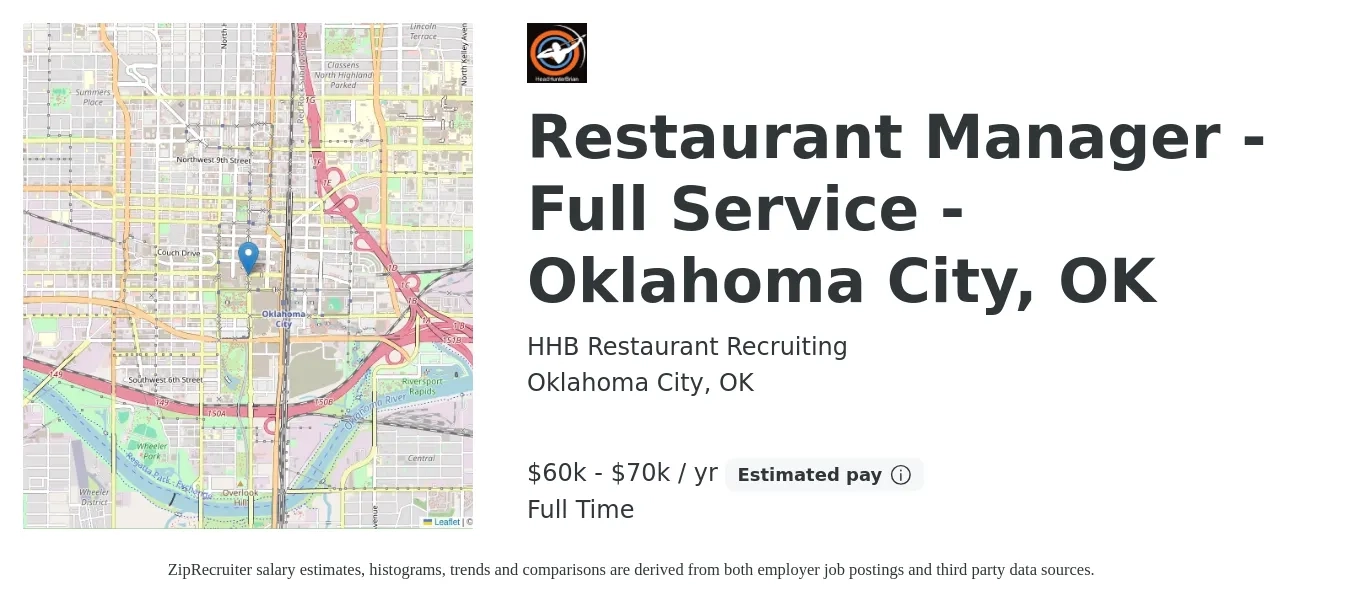 HHB Restaurant Recruiting job posting for a Restaurant Manager - Full Service - Oklahoma City, OK in Oklahoma City, OK with a salary of $45,000 to $55,000 Yearly with a map of Oklahoma City location.
